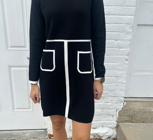 Atelier - Long Sleeve Knit Dress with Front Pockets in Black and White