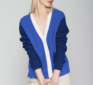 Vilagallo - Patch Pocket V-Neck Colorblock Cardigan in Blue and Navy