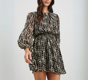 Rails - Lanie Print Chiffon Long Sleeve Dress in Tan and Black