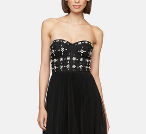 Theia - Alessia Pleated Mesh Strapless Gown with Rhinestones in Black