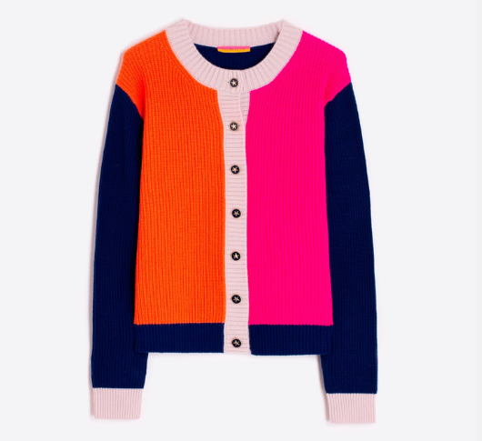 Vilagallo - Colorblock Button Crew Neck Cardigan in Pink, Orange, and Navy