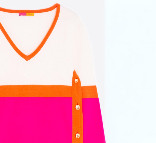 Vilagallo - Color Block Knit Sweater in Ecru/Pink/Orange