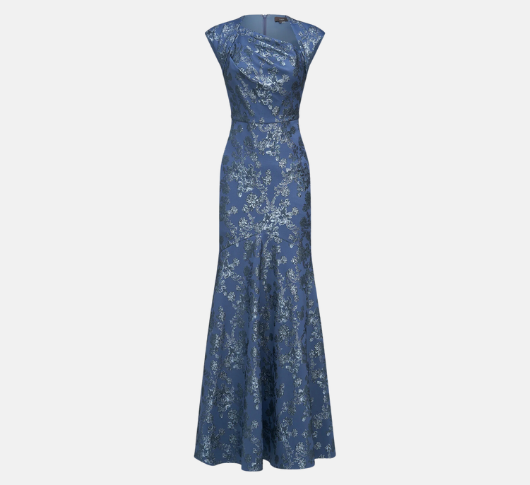 Theia - Beatrice Cap Sleeve Jacquard Floral Fit & Flare Gown in Mercury