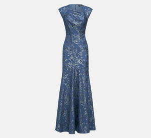 Theia - Beatrice Cap Sleeve Jacquard Floral Fit & Flare Gown in Mercury