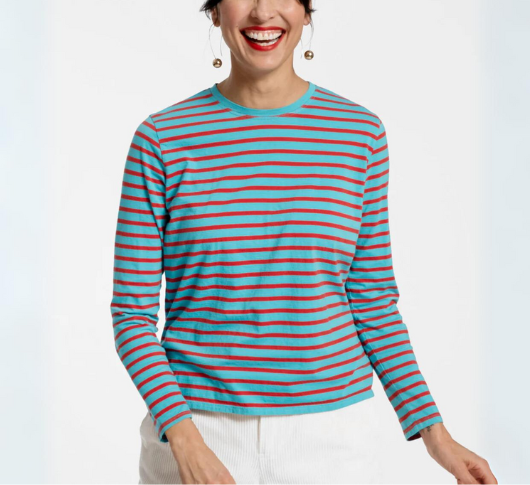 Frances Valentine - Long Sleeve Striped T-Shirt in Turquoise/Red