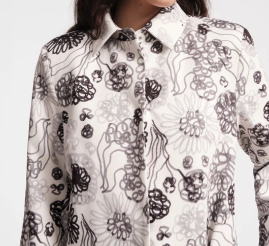 Frances Valentine - Scribble Flower Print Long Jacket in White and Black