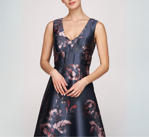 Kay Unger - Sleeveless Floral Print Long Gown in French Navy