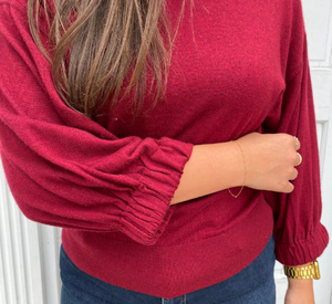 REPEAT Cashmere - Puffed Sleeve Crew Sweater in Cranberry