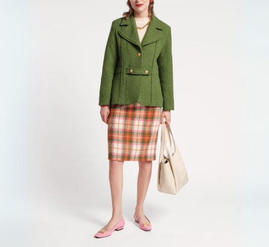 Frances Valentine - Central Wool Plaid Pencil Skirt in Pink and Green