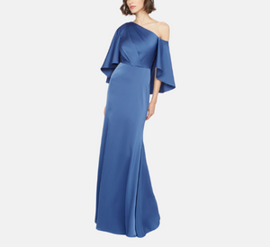 Theia - Kia Cape Bodice Satin Fit and Flare Gown in Celeste