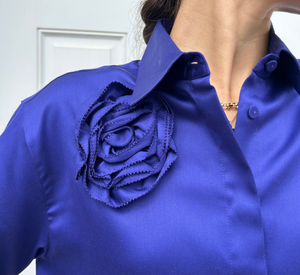 Hinson Wu - Halsey Long Sleeve Cotton-Satin Blouse with Attached Flower in Iris