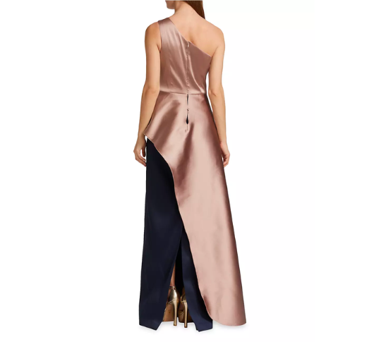 teri jon peplum dress Teri Jon Metallic Jacquard One Shoulder Gown - Champagne Multi