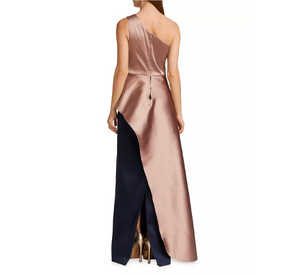 Teri Jon - One Shoulder Two Tone Gazar Peplum Gown in Mauve/Navy