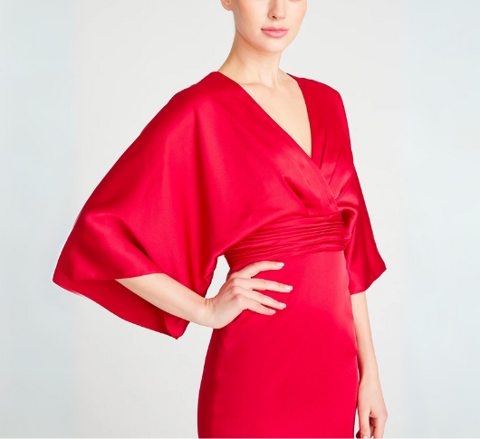 
            
                Load image into Gallery viewer, Theia - Kimono Satin Cocktail Dress in Pomegranate
            
        