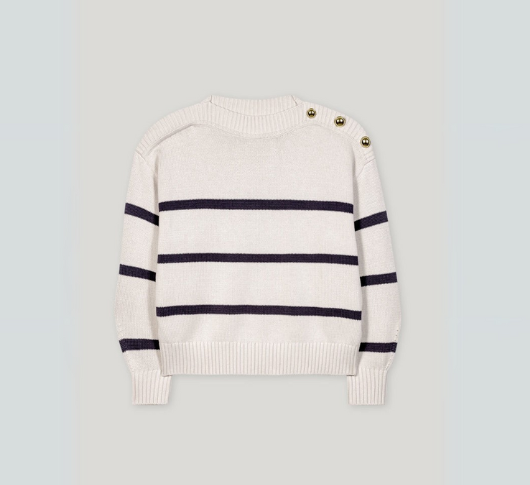 LUISA CERANO - Crop Striped Sweater with Gold Button Detailing in Navy and Cream