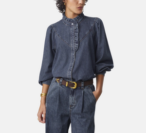 SUNCOO – Lively Denim Top with Ruffled Details in Dark Denim