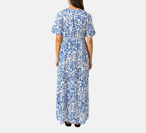 Saint James - V-Neck Floral Print Maxi Dress in White and Royal Blue