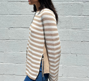 Oui - Striped Sweater with Side Zipper in Light Stone and White