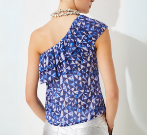 SUNCOO - Graphic Print One Shoulder Top in Blue Multi