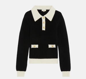 Suncoo - Collared Sweater with Gold Buttons in Black and White