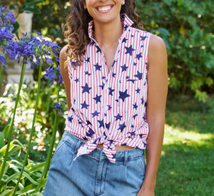 FRANK & EILEEN - Sleeveless Star Pattern Button-Up in Red White and Navy