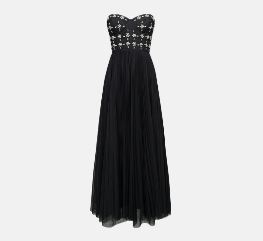 Theia - Alessia Pleated Mesh Strapless Gown with Rhinestones in Black