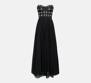 Theia - Alessia Pleated Mesh Strapless Gown with Rhinestones in Black