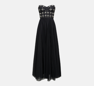Theia - Alessia Pleated Mesh Strapless Gown with Rhinestones in Black Theia - Alessia Pleated Mesh Strapless Gown with Rhinestones in Black