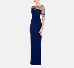 Theia - Louella Asymmetric Pearl Shawl Gown in Navy