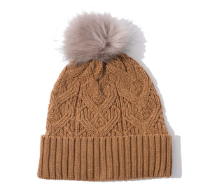 
            
                Load image into Gallery viewer, Echo - Loopy Cable Pom Hat in Camel Heather
            
        