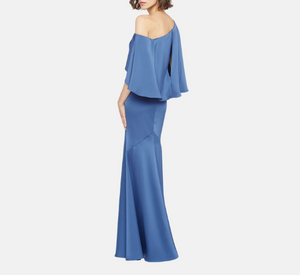 Theia - Kia Cape Bodice Satin Fit and Flare Gown in Celeste