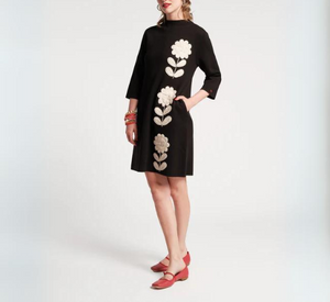 Frances Valentine - Annie Hi-Neck Posy Embroidered Wool Dress in Black and Oyster