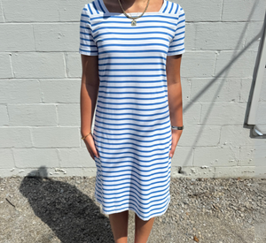 SAINT JAMES - Striped Short Sleeve Dress in White and Royal Blue