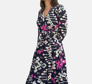 Vilagallo - Wrap Dress with Ikat Print in Navy, Pink, and White