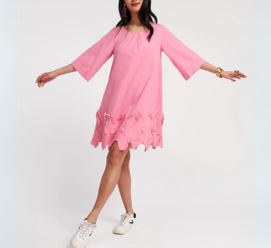FRANCES VALENTINE - Mini Swing Dress with Flower Detail in Pink