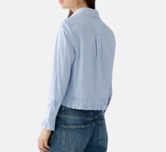 Oui - Stripe Ruffle Blouse in Light Blue and White