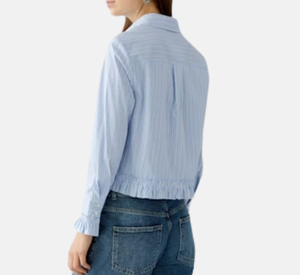 Oui - Stripe Ruffle Blouse in Light Blue and White