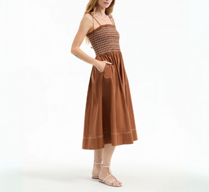 VERONICA BEARD - Poplin Smocked Midi Dress in Whiskey