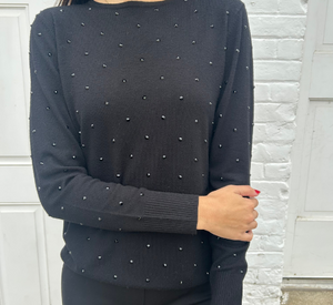 Elliott Lauren - Long Sleeve Crewneck Sweater with Jet Rhinestones in Black