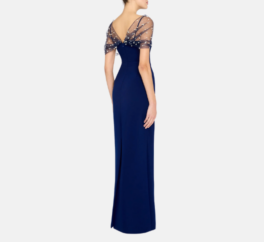 Theia - Louella Asymmetric Pearl Shawl Gown in Navy