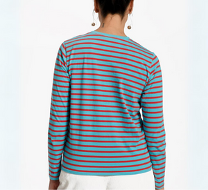 Frances Valentine - Long Sleeve Striped T-Shirt in Turquoise/Red