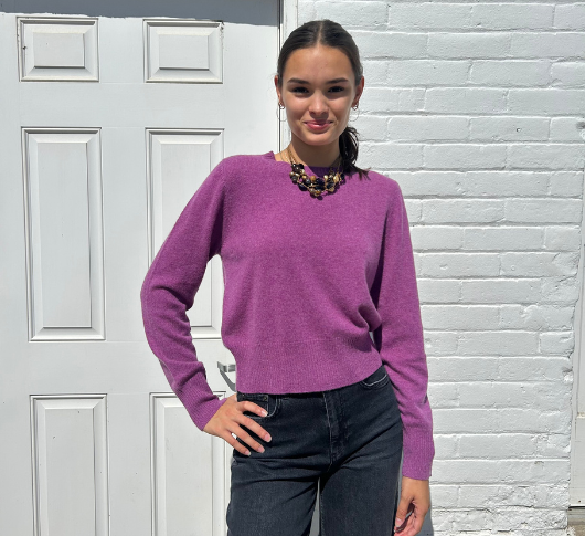 Repeat Cashmere - Short Cashmere Crewneck Sweater in Grape