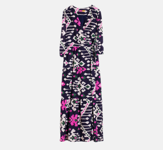 Vilagallo - Wrap Dress with Ikat Print in Navy, Pink, and White