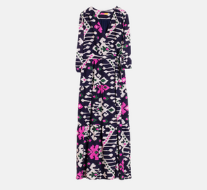 Vilagallo - Wrap Dress with Ikat Print in Navy, Pink, and White