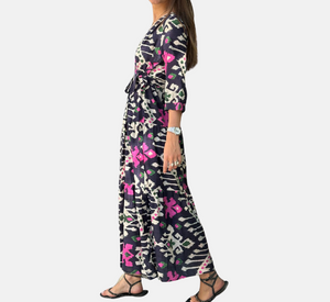 Vilagallo - Wrap Dress with Ikat Print in Navy, Pink, and White