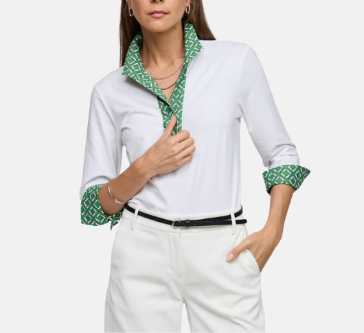 Hinson Wu - Ainsley 3/4 Sleeve Chain Link Polo Shirt in White and Green