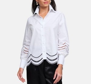 Hinson Wu - Bardot Long Sleeve Scallop Embroidery Shirt in White