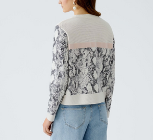 Oui - Snake Print with Mesh Crew Neck Top in White and Black