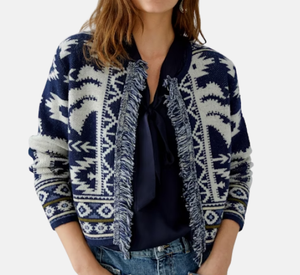Oui - Fringe Cardigan Sweater in Dark Blue and White