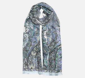 Echo - Silk Paisley Print Oblong Scarf in Blue Dusk